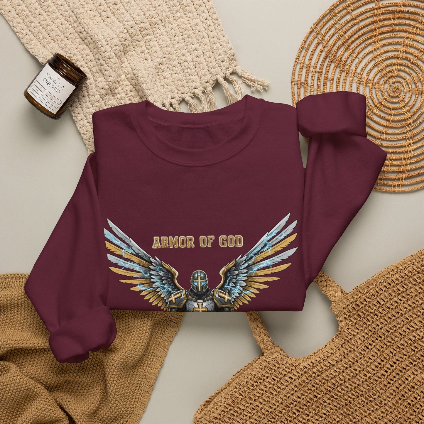 Armor of God Crewneck Sweatshirt — Angel Wings Christian Faith Graphic