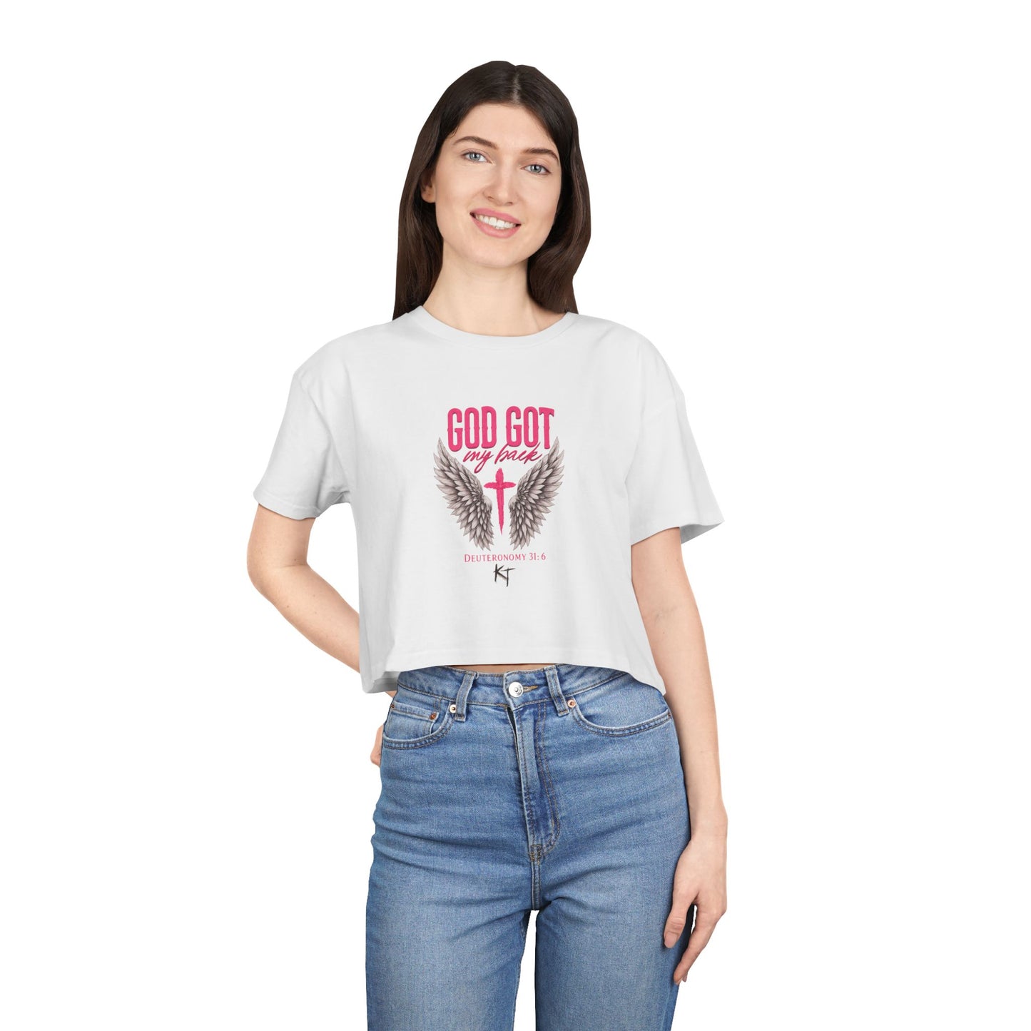 Crop Tee — "God Got Me" Christian Winged Cross Graphic