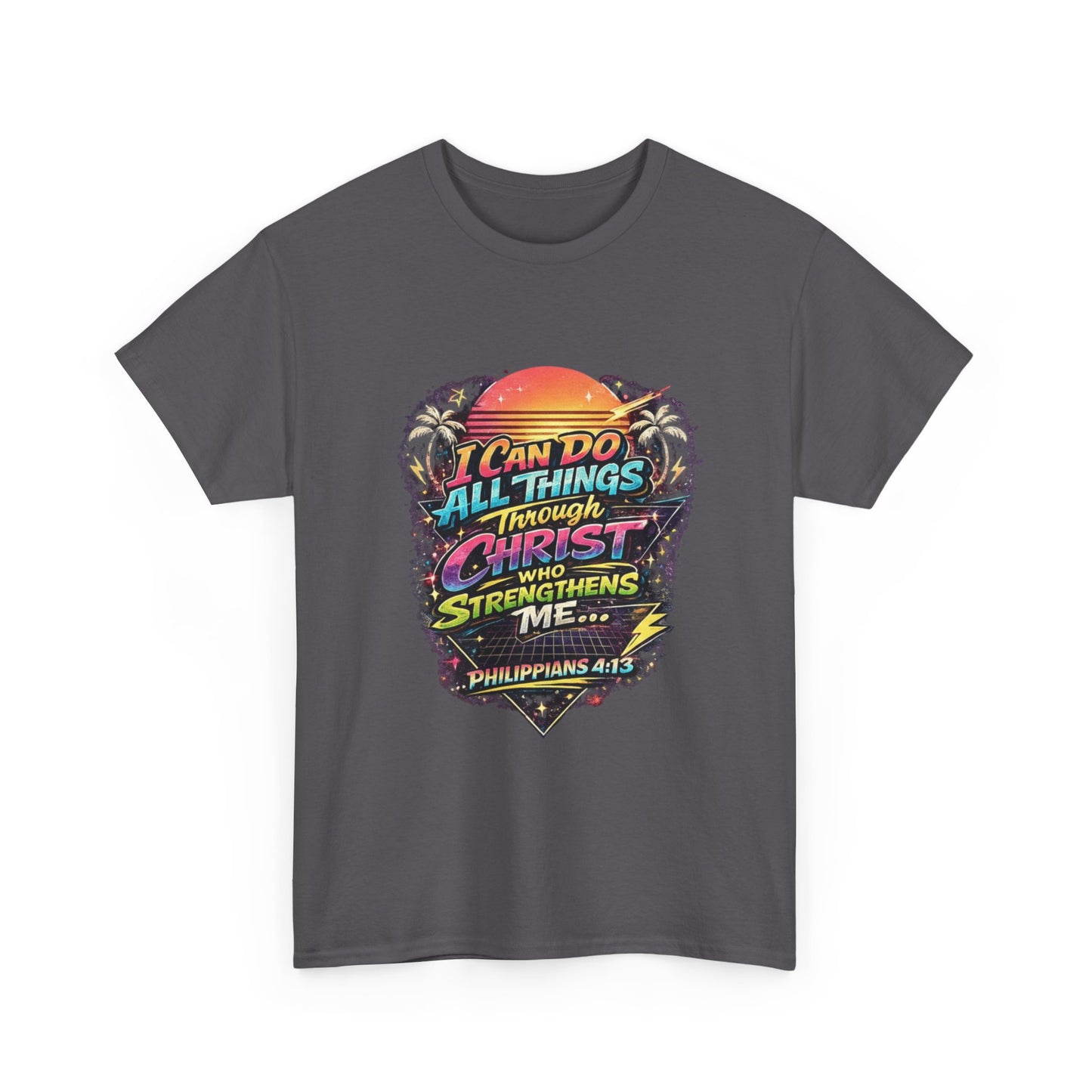 Christian Graphic Tee - "I Can Do All Things Through Christ" Philippians 4:13 Vintage Sunset T-Shirt