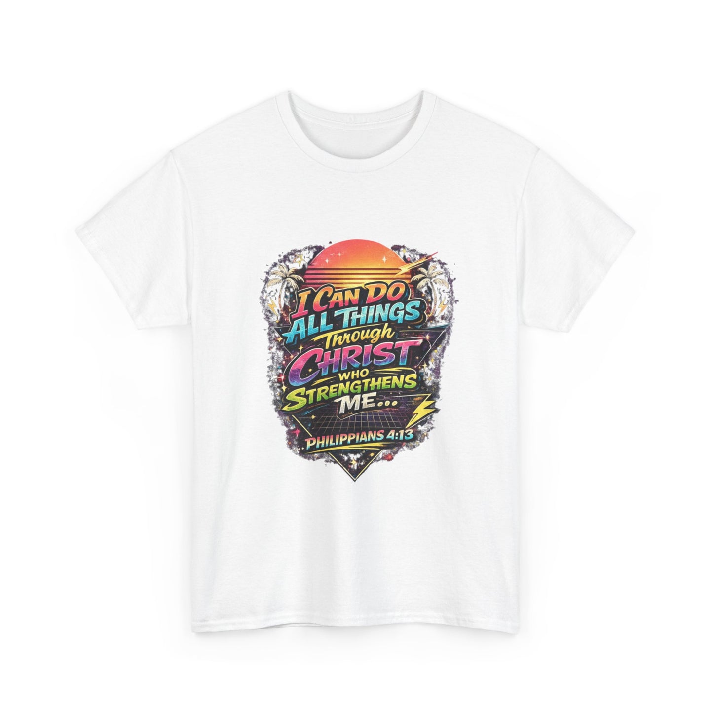 Christian Graphic Tee - "I Can Do All Things Through Christ" Philippians 4:13 Vintage Sunset T-Shirt