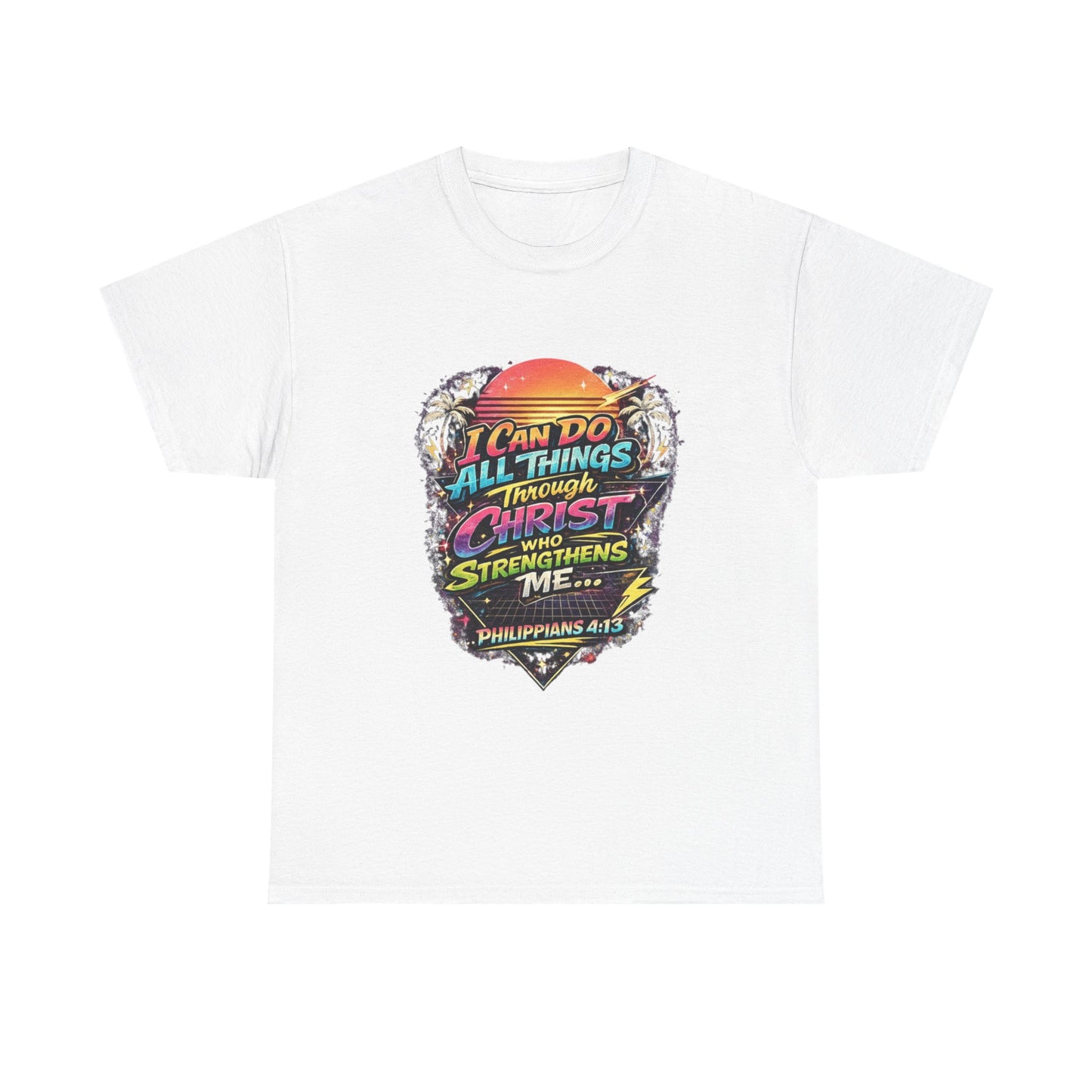 Christian Graphic Tee - "I Can Do All Things Through Christ" Philippians 4:13 Vintage Sunset T-Shirt