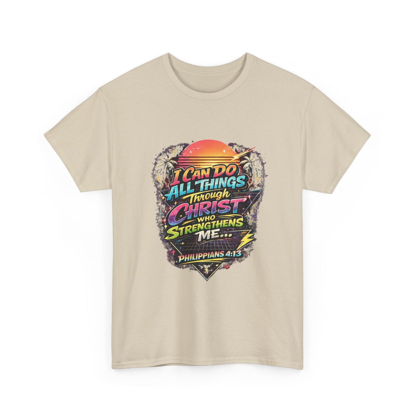Christian Graphic Tee - "I Can Do All Things Through Christ" Philippians 4:13 Vintage Sunset T-Shirt