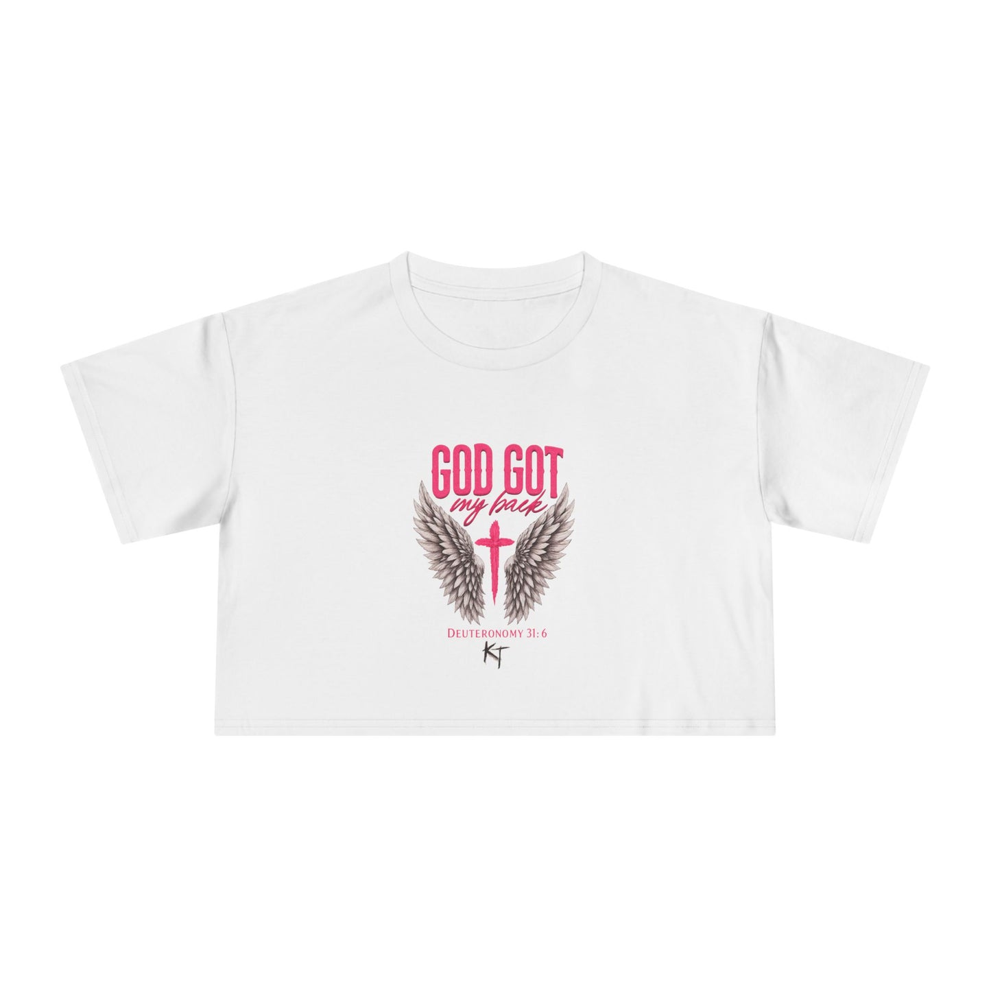 Crop Tee — "God Got Me" Christian Winged Cross Graphic