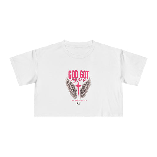 Crop Tee — "God Got Me" Christian Winged Cross Graphic