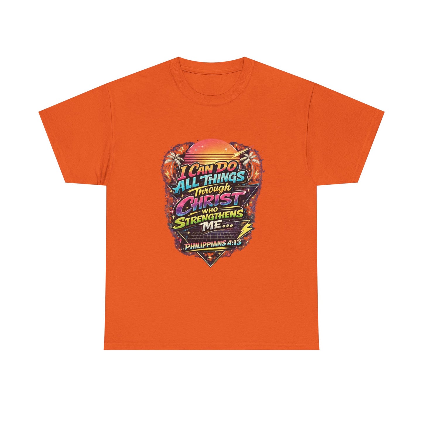 Christian Graphic Tee - "I Can Do All Things Through Christ" Philippians 4:13 Vintage Sunset T-Shirt