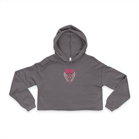 God Got Her Back Cropped Hoodie — Women's Faith-Based Angel Wing Crop Top