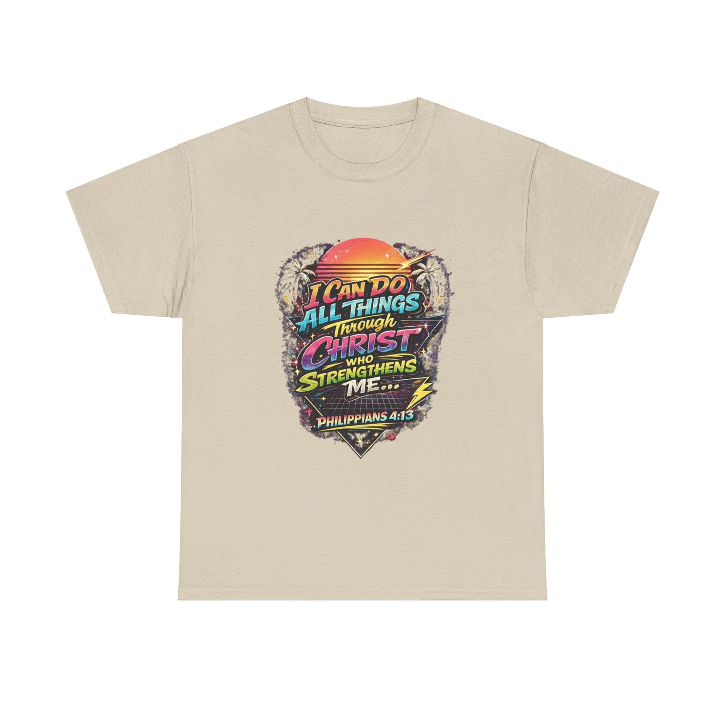 Christian Graphic Tee - "I Can Do All Things Through Christ" Philippians 4:13 Vintage Sunset T-Shirt