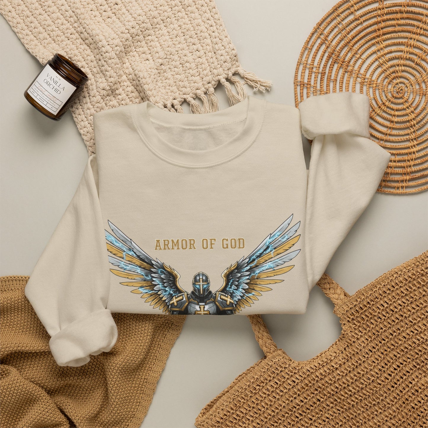 Armor of God Crewneck Sweatshirt — Angel Wings Christian Faith Graphic