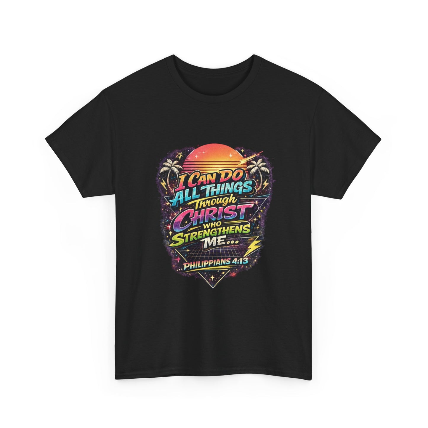 Christian Graphic Tee - "I Can Do All Things Through Christ" Philippians 4:13 Vintage Sunset T-Shirt