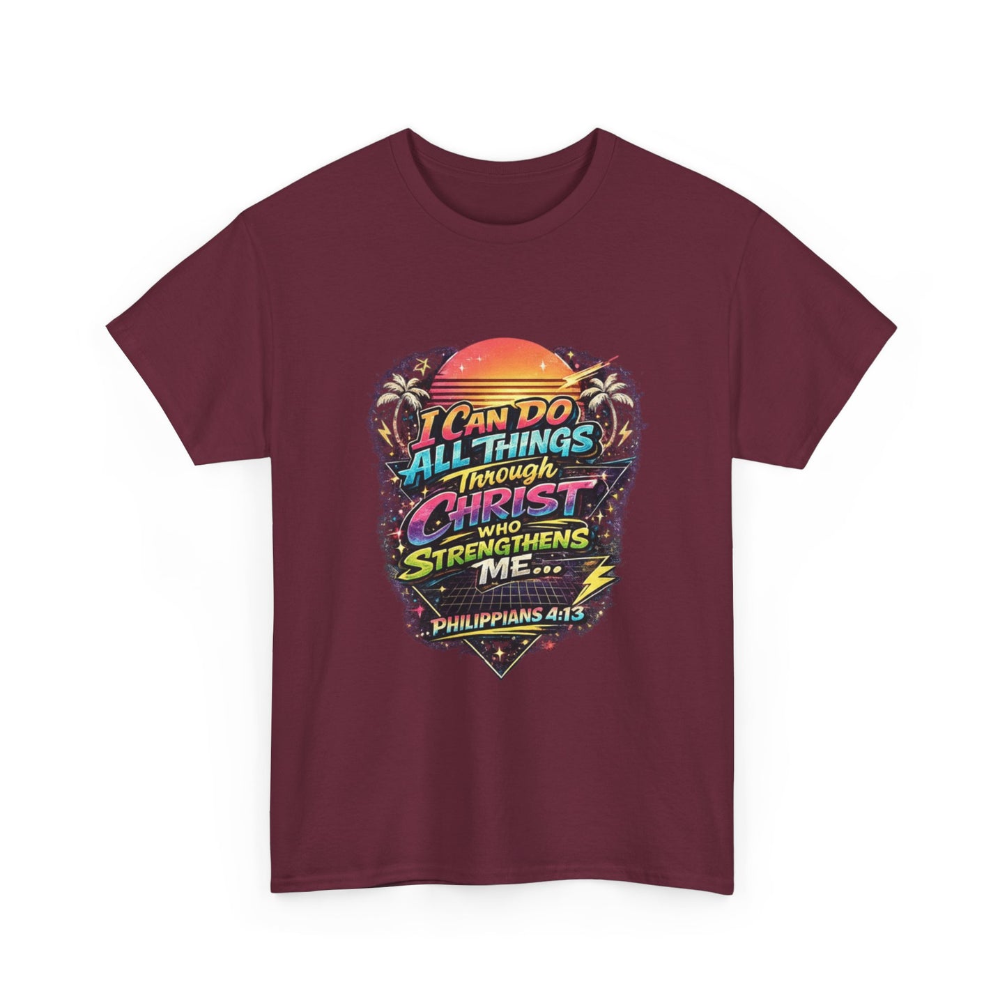 Christian Graphic Tee - "I Can Do All Things Through Christ" Philippians 4:13 Vintage Sunset T-Shirt