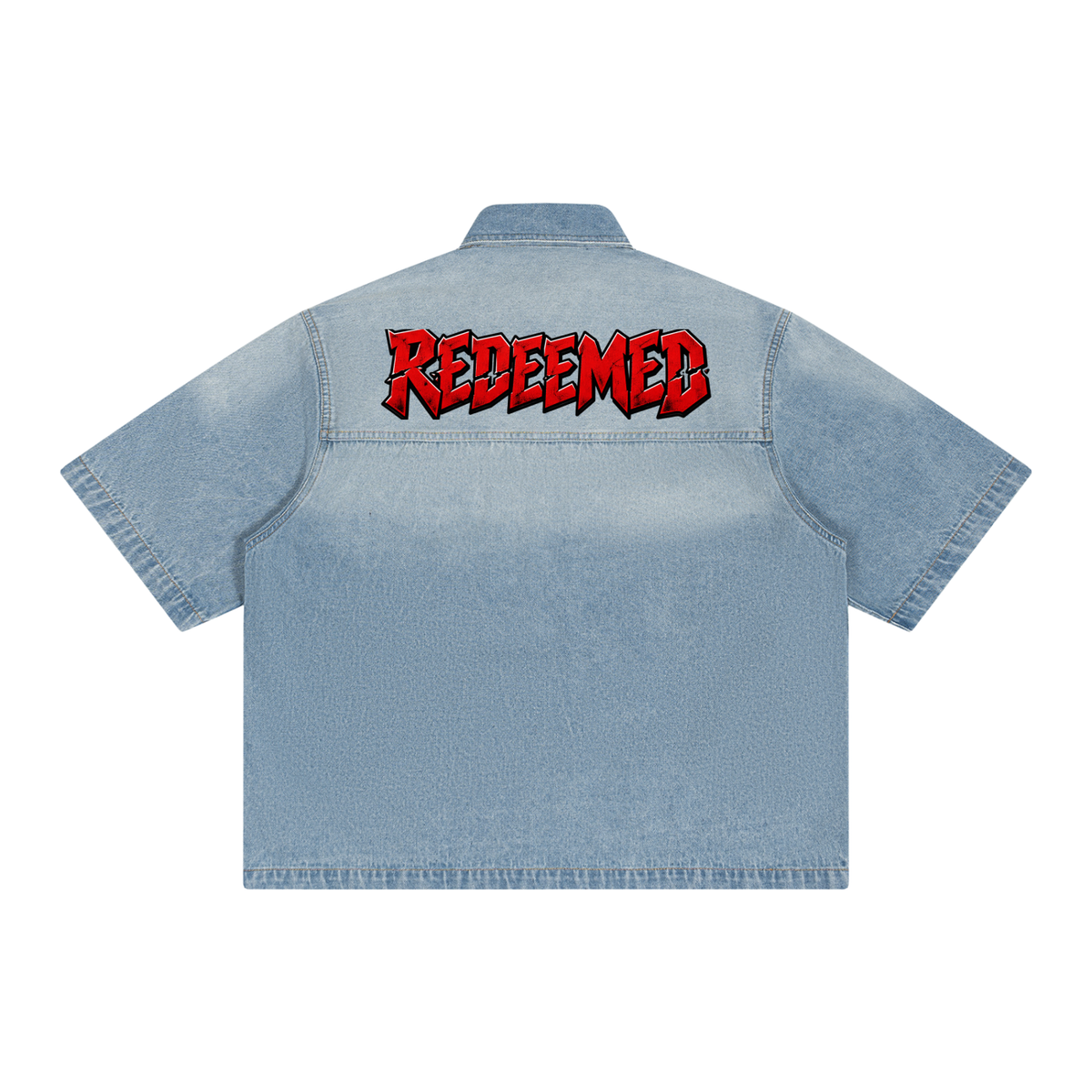 Unisex Vintage Wash REDEEMED Boxy Short Denim Shirt