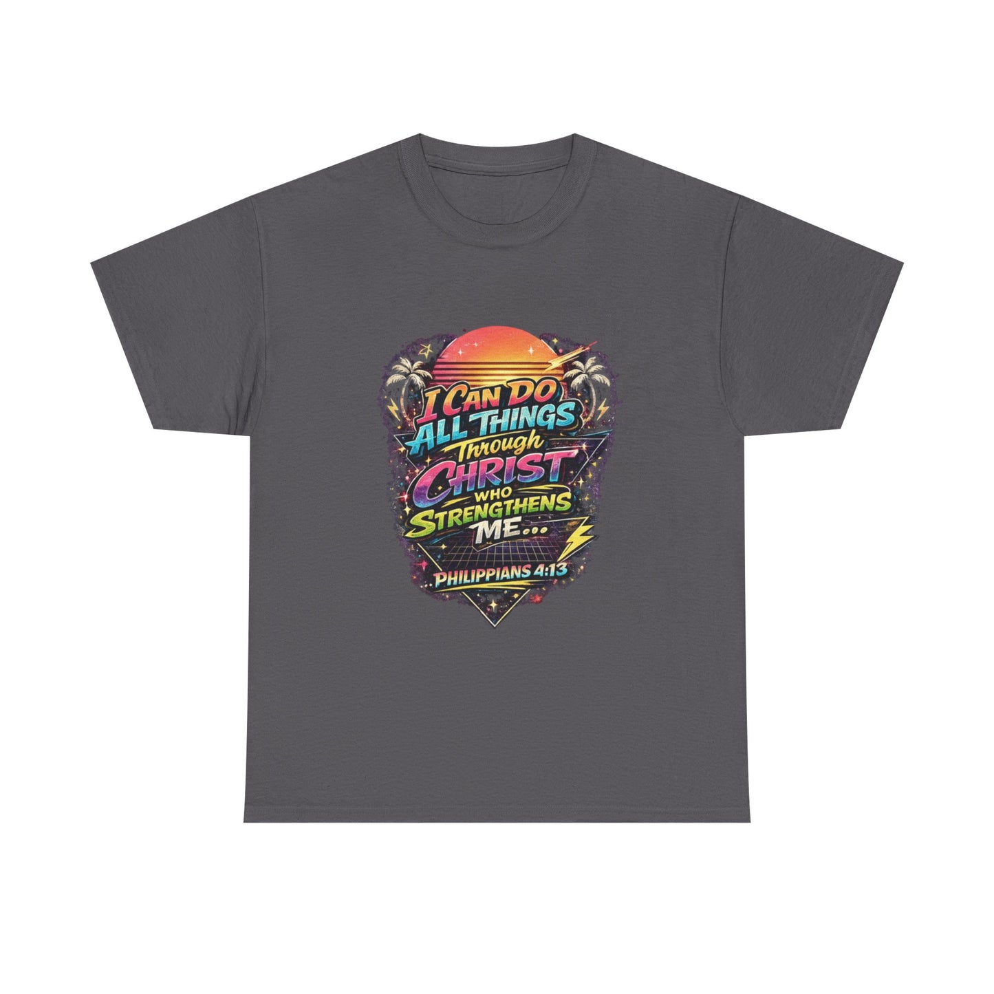 Christian Graphic Tee - "I Can Do All Things Through Christ" Philippians 4:13 Vintage Sunset T-Shirt