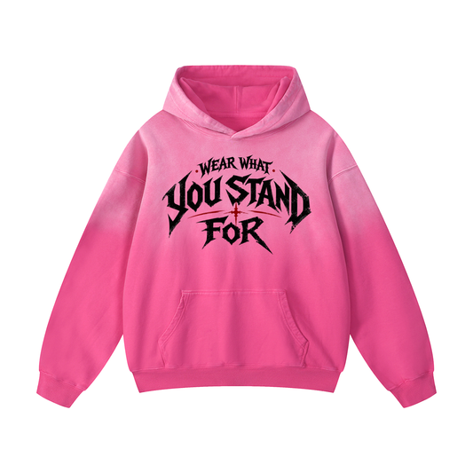 ODMPOD Heavyweight Sunfade Oversized Hoodie in pink with graphic text, front view