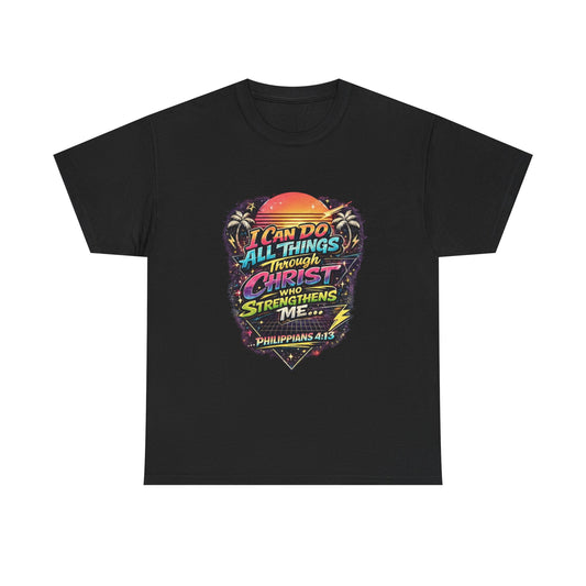 Christian Graphic Tee - "I Can Do All Things Through Christ" Philippians 4:13 Vintage Sunset T-Shirt
