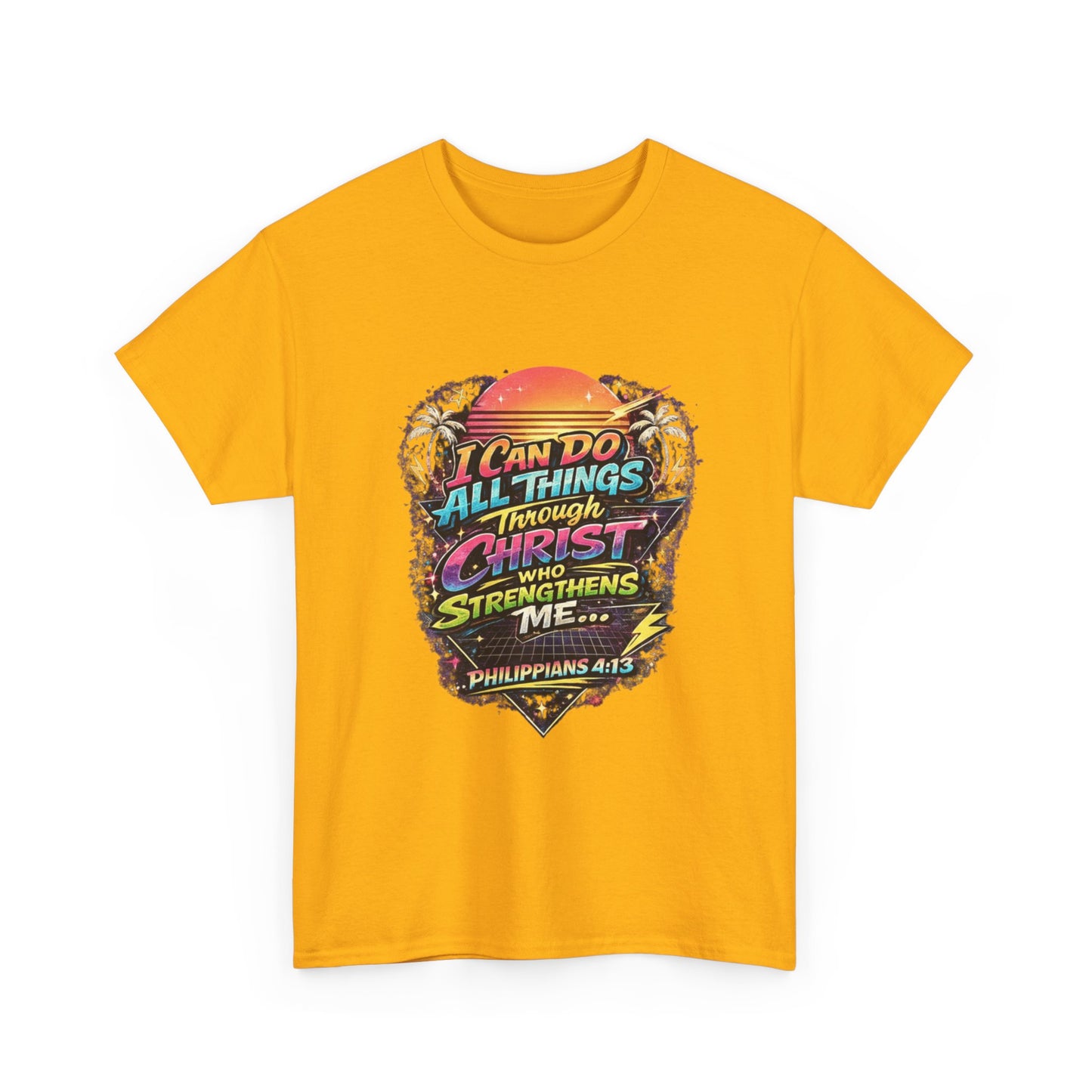 Christian Graphic Tee - "I Can Do All Things Through Christ" Philippians 4:13 Vintage Sunset T-Shirt