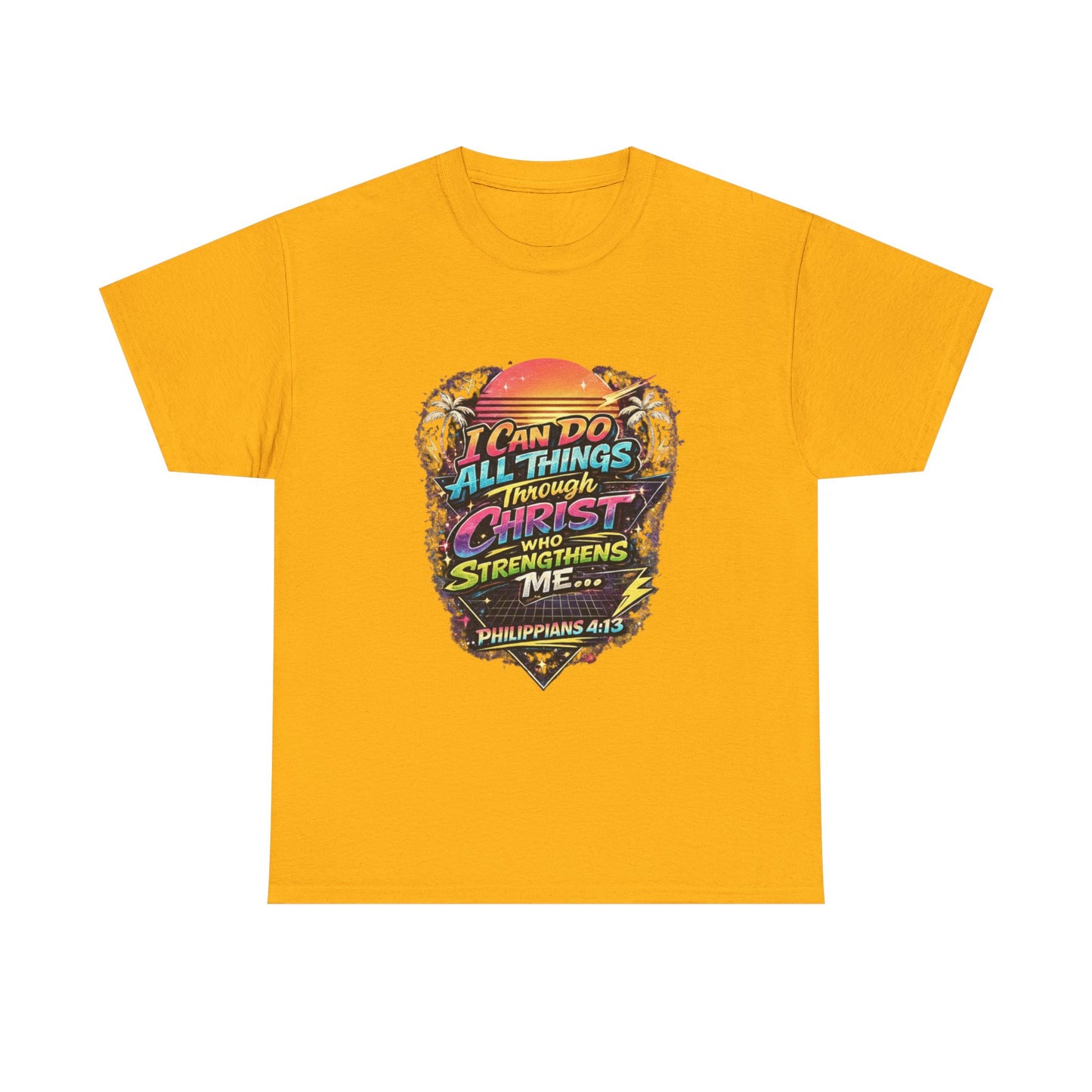 Christian Graphic Tee - "I Can Do All Things Through Christ" Philippians 4:13 Vintage Sunset T-Shirt