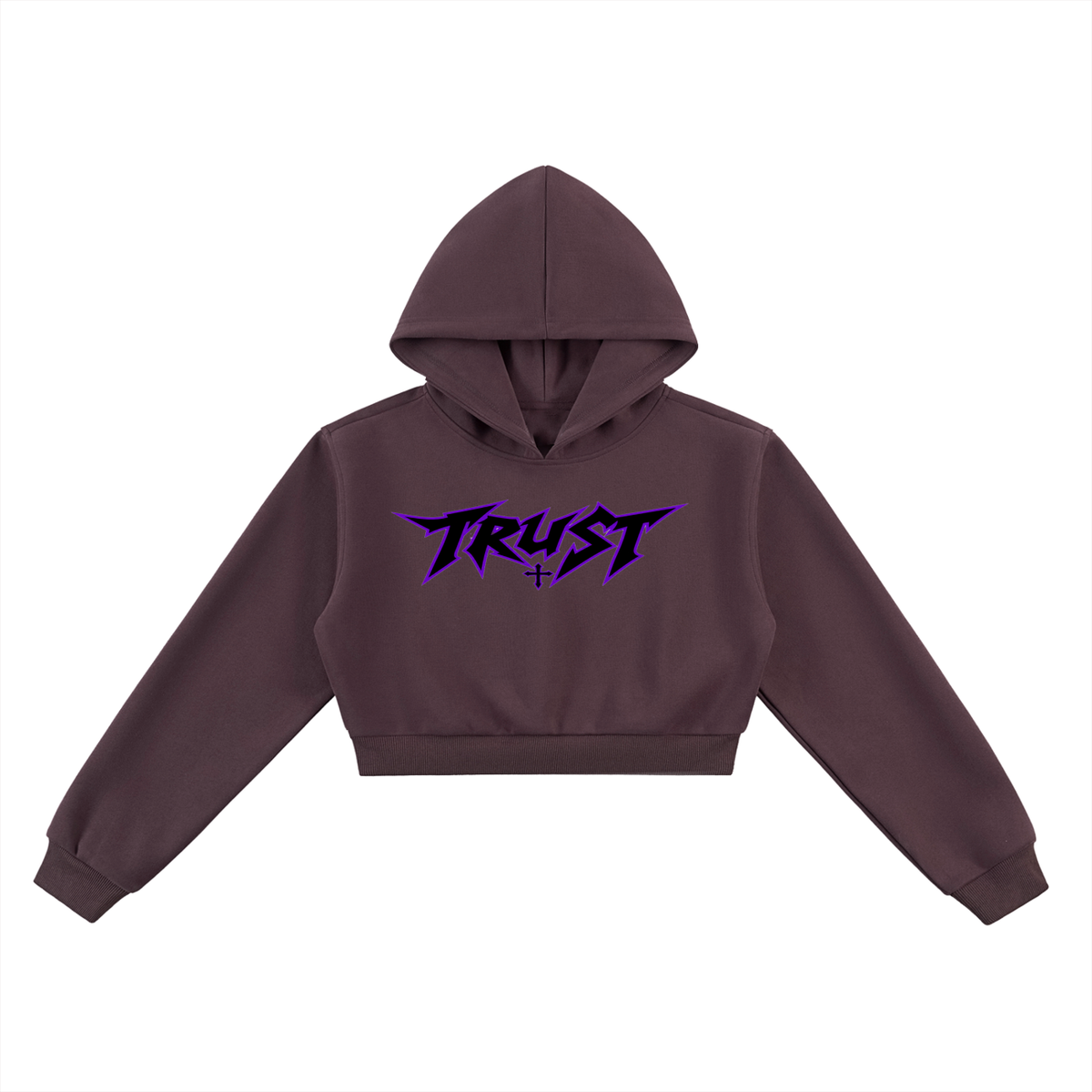 ODMPOD Essential Cropped Hoodie with purple 'TRUST' logo, front view