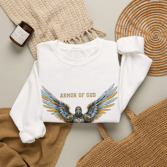 Armor of God Crewneck Sweatshirt — Angel Wings Christian Faith Graphic