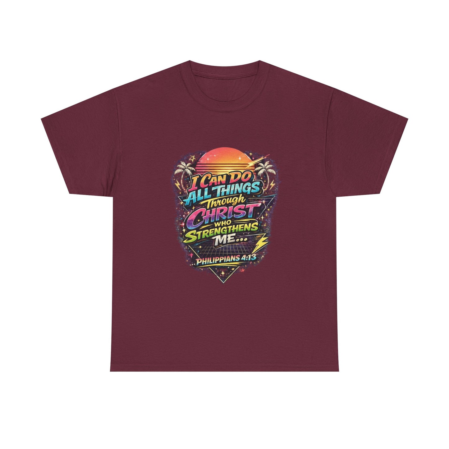 Christian Graphic Tee - "I Can Do All Things Through Christ" Philippians 4:13 Vintage Sunset T-Shirt