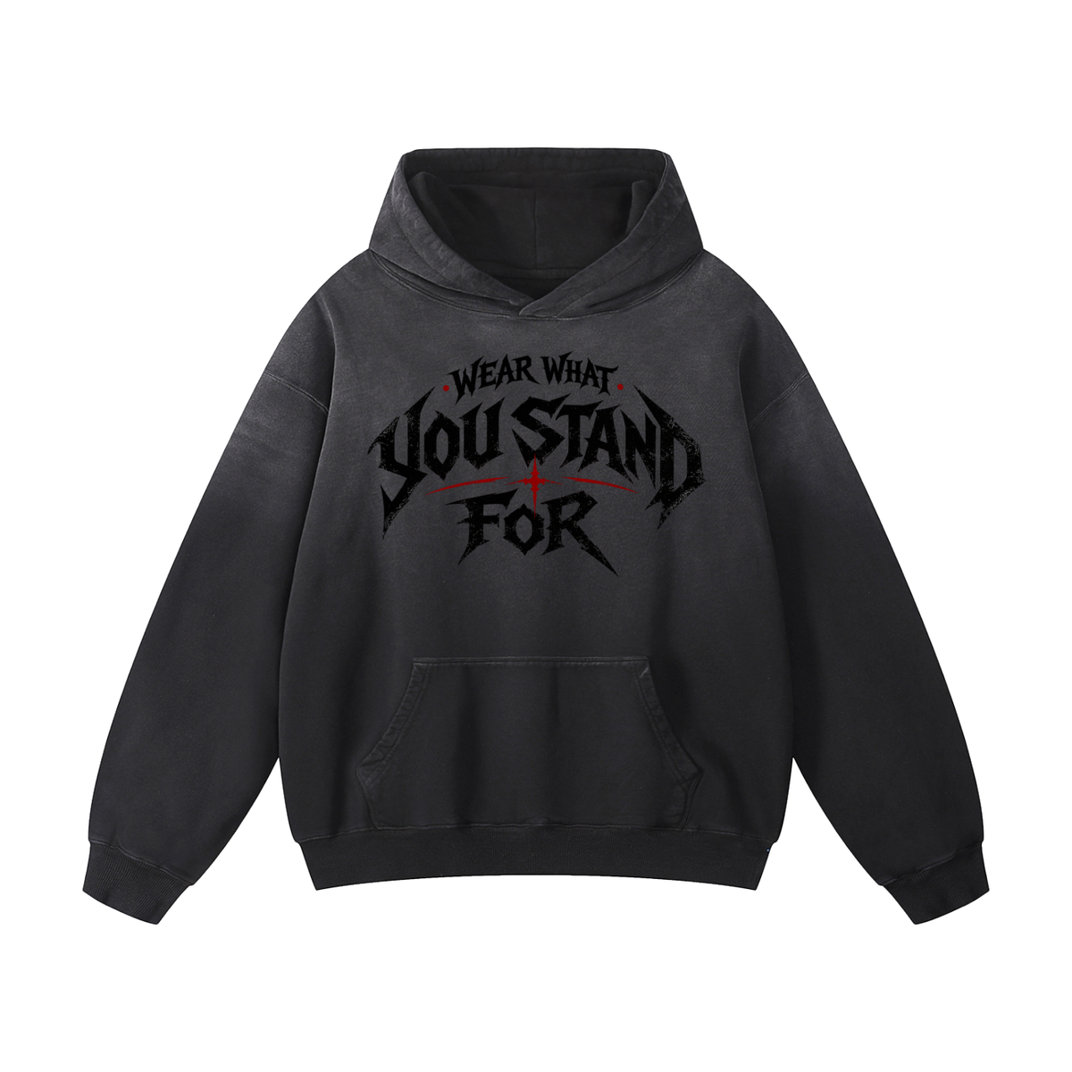 ODMPOD Heavyweight Sunfade Oversized Hoodie in black with graphic text, front view