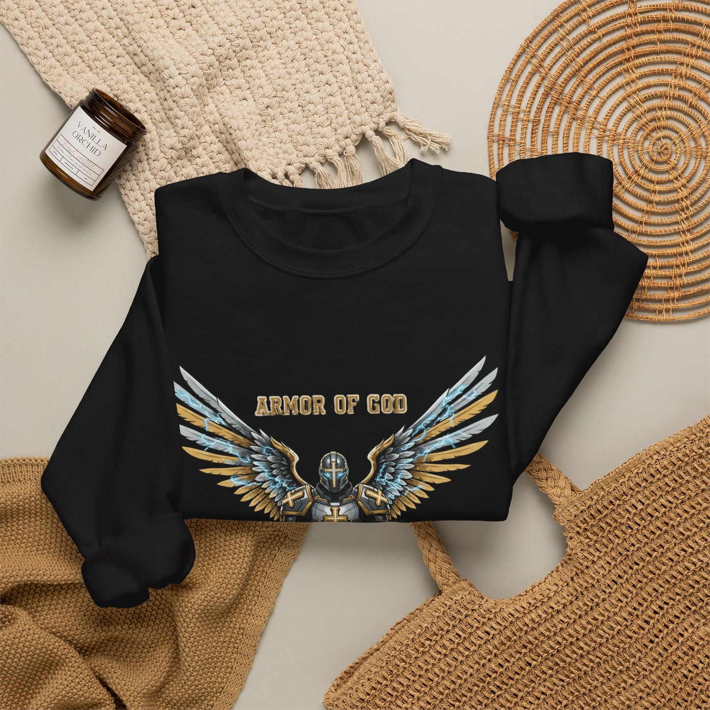 Armor of God Crewneck Sweatshirt — Angel Wings Christian Faith Graphic