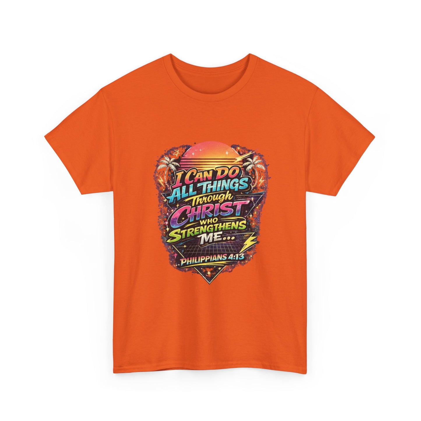 Christian Graphic Tee - "I Can Do All Things Through Christ" Philippians 4:13 Vintage Sunset T-Shirt