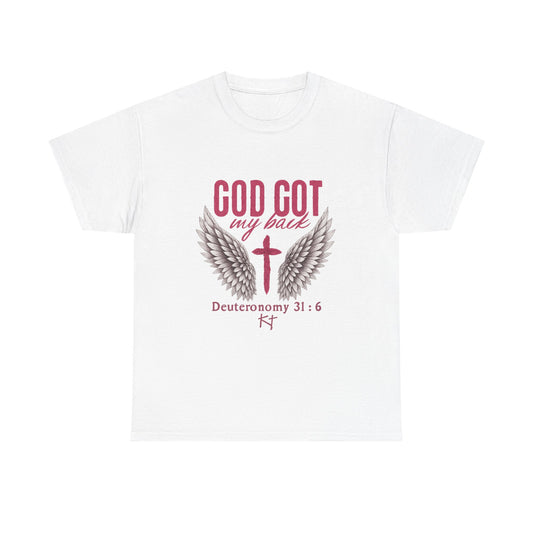 God Got My Back T-Shirt — Christian Faith Tee with Wings & Cross (Deuteronomy 31:6)
