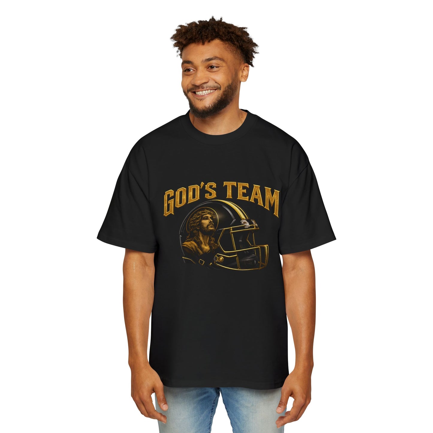 God's Team Football Tee — Men's Oversized Christian Sports T-Shirt