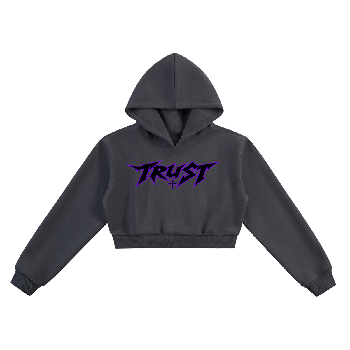 ODMPOD Essential Cropped Hoodie in dark gray with purple logo, front view