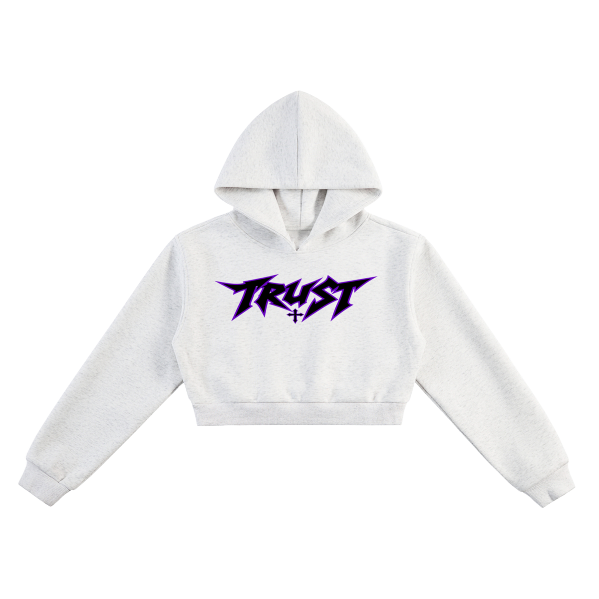 ODMPOD Essential Cropped Hoodie in light gray with purple logo, front view
