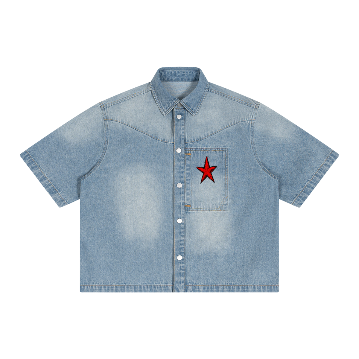 Unisex Vintage Wash REDEEMED Boxy Short Denim Shirt