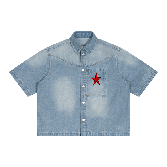 Unisex Vintage Wash REDEEMED Boxy Short Denim Shirt