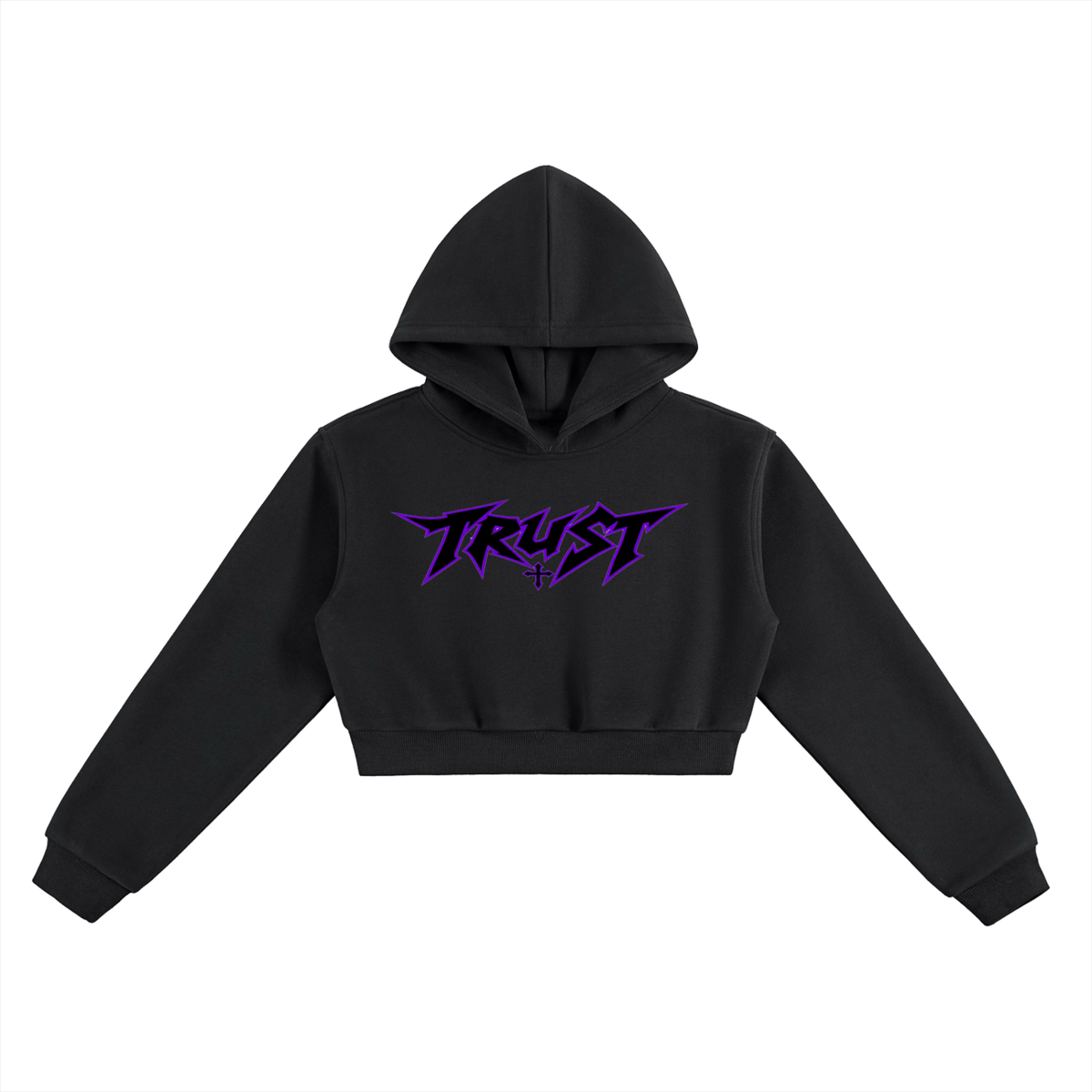 ODMPOD Essential Cropped Hoodie in black with purple 'TRUST' logo, front view