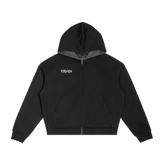 Contrast Plaid Boxy Zip Hoodie | Kingdom Threads